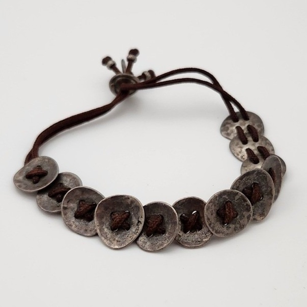 Artisan Disc Bracelet Unisex 7.5 Brown Silver‎ 925 Sterling Hammered Boho Woven